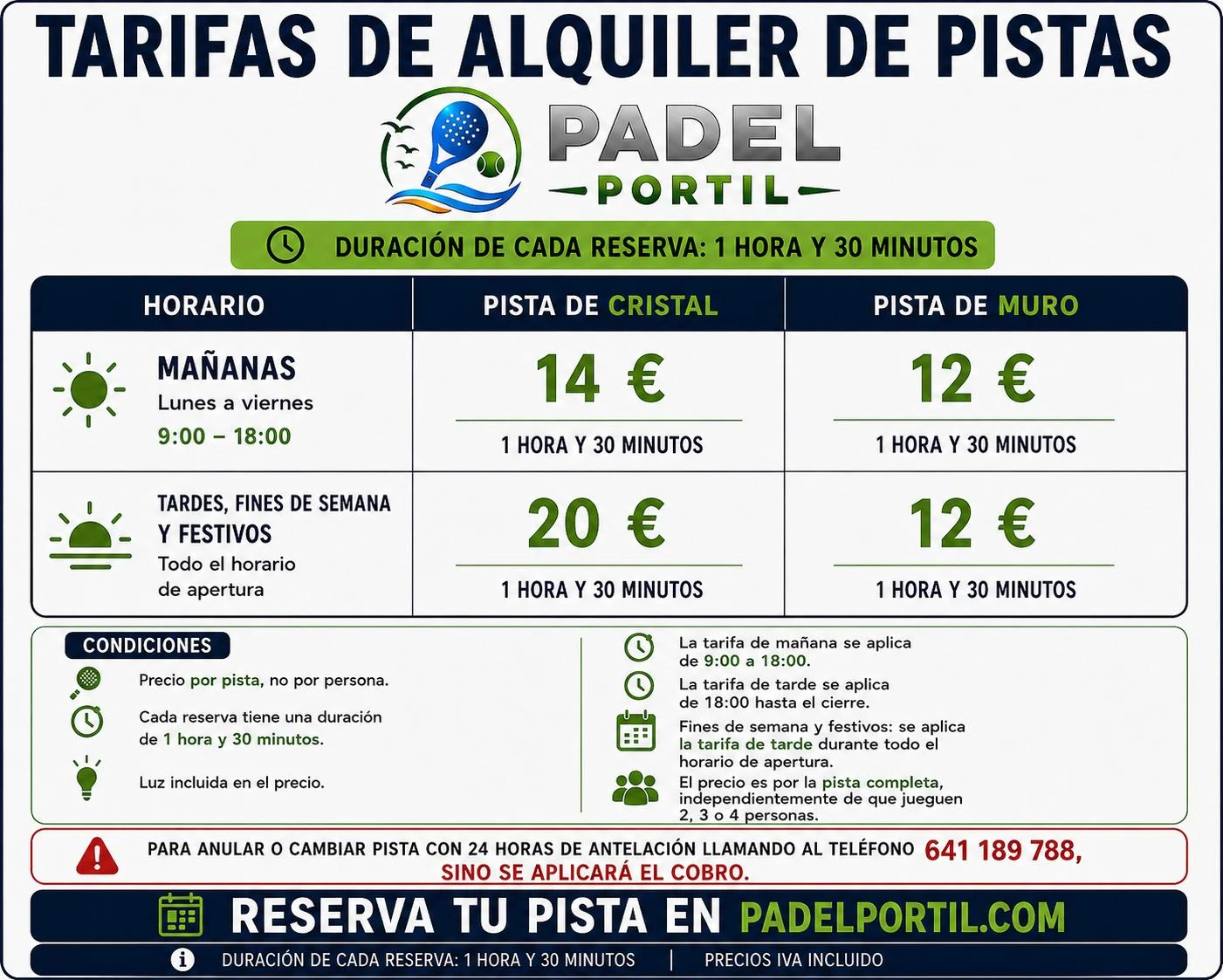 Tarifas de alquiler de pistas